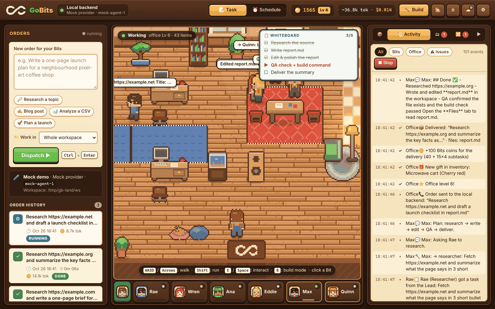 The GoBits app: a pixel-art office where Max writes a plan on the whiteboard while Bits work at their desks, next to a side panel listing the running order and its live todo list.